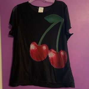 Black Double Mesh T-Shirt with Cherry Design